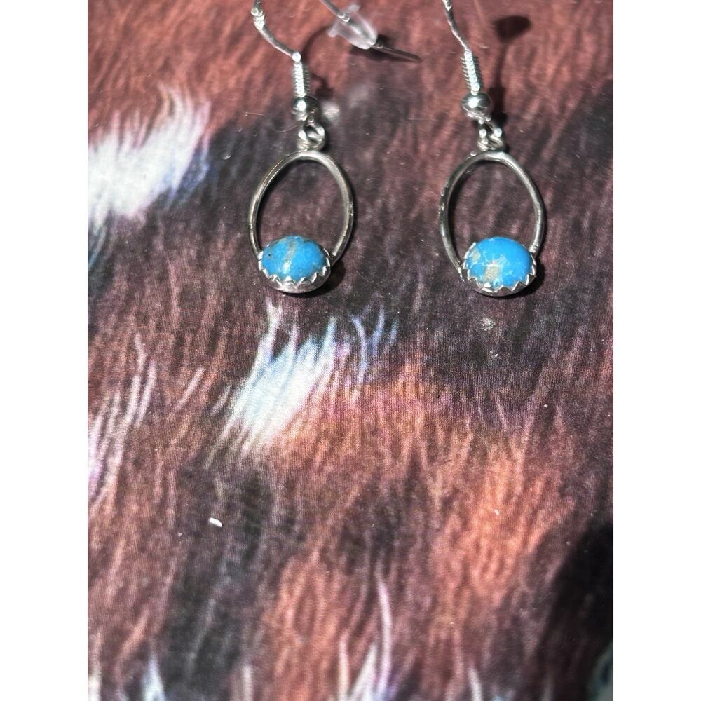 Sterling Silver & Kingman Turquoise Dangle Drop Oval Earrings Hand Crafted New - Picture 7 of 7